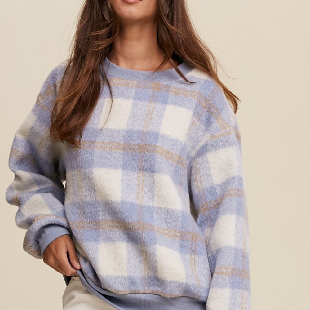 Listicle - Furry Plaid Crew Neck Sweat Top